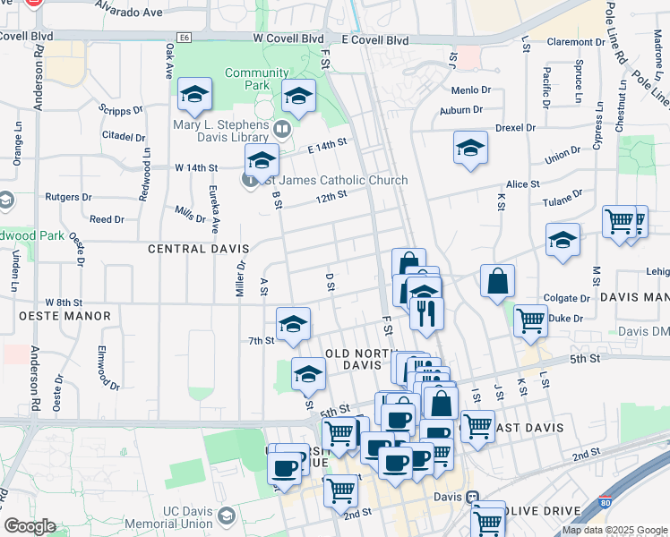 map of restaurants, bars, coffee shops, grocery stores, and more near 822 D Street in Davis