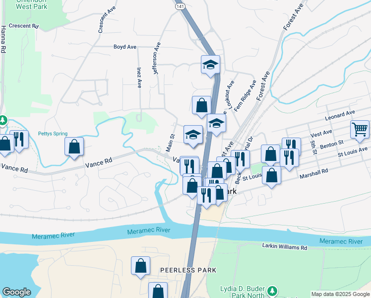 map of restaurants, bars, coffee shops, grocery stores, and more near 1 Main Street in Valley Park