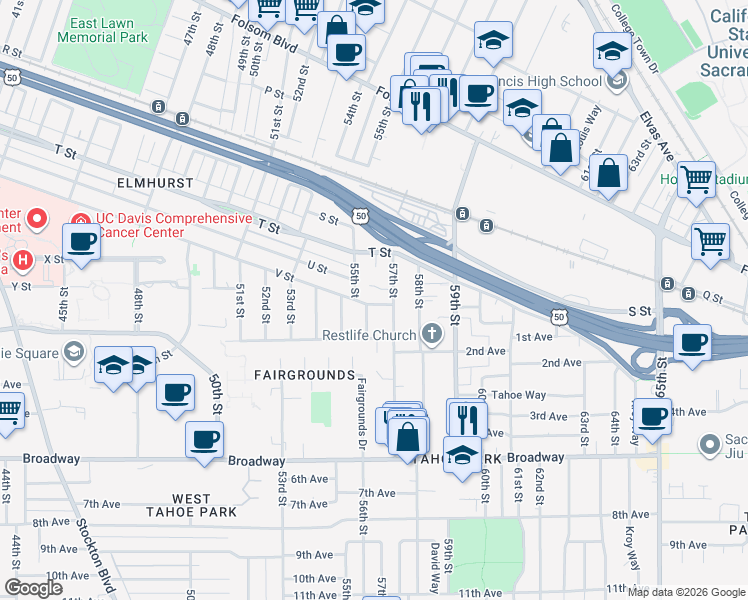 map of restaurants, bars, coffee shops, grocery stores, and more near 5609 V Street in Sacramento