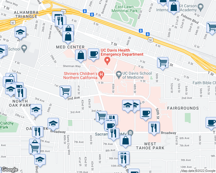 map of restaurants, bars, coffee shops, grocery stores, and more near 4422 Y Street in Sacramento