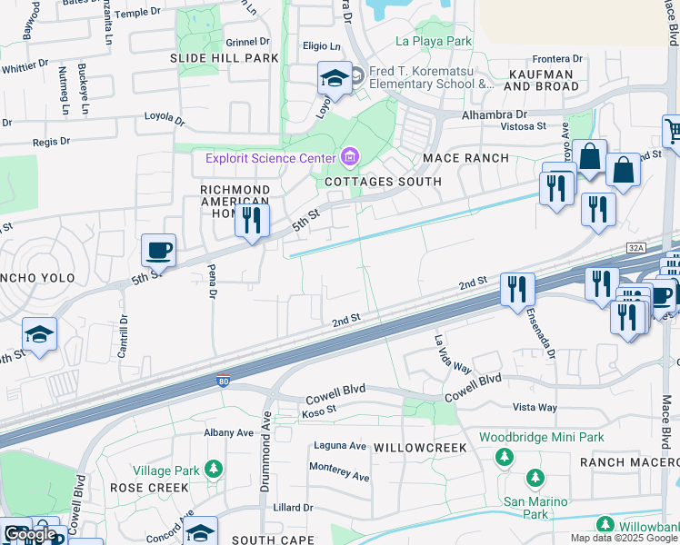 map of restaurants, bars, coffee shops, grocery stores, and more near 260 Cousteau Place in Davis