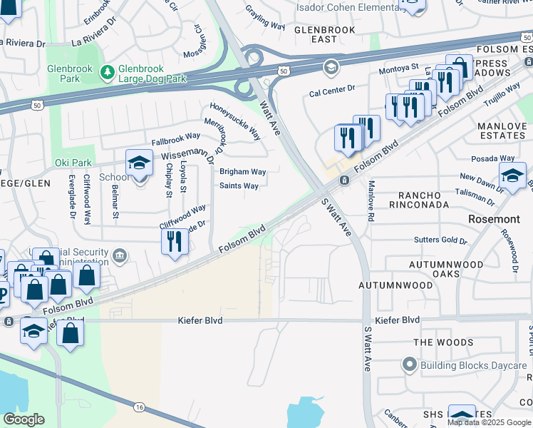 map of restaurants, bars, coffee shops, grocery stores, and more near 8751-8775 Folsom Boulevard in Sacramento
