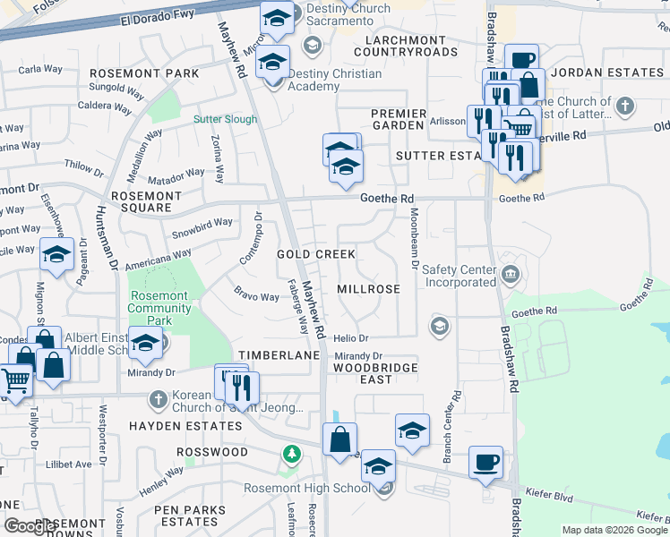 map of restaurants, bars, coffee shops, grocery stores, and more near 3665 Gold Creek Lane in Sacramento