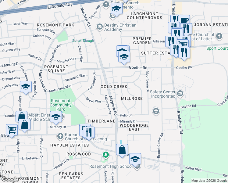 map of restaurants, bars, coffee shops, grocery stores, and more near 3665 Gold Creek Lane in Sacramento
