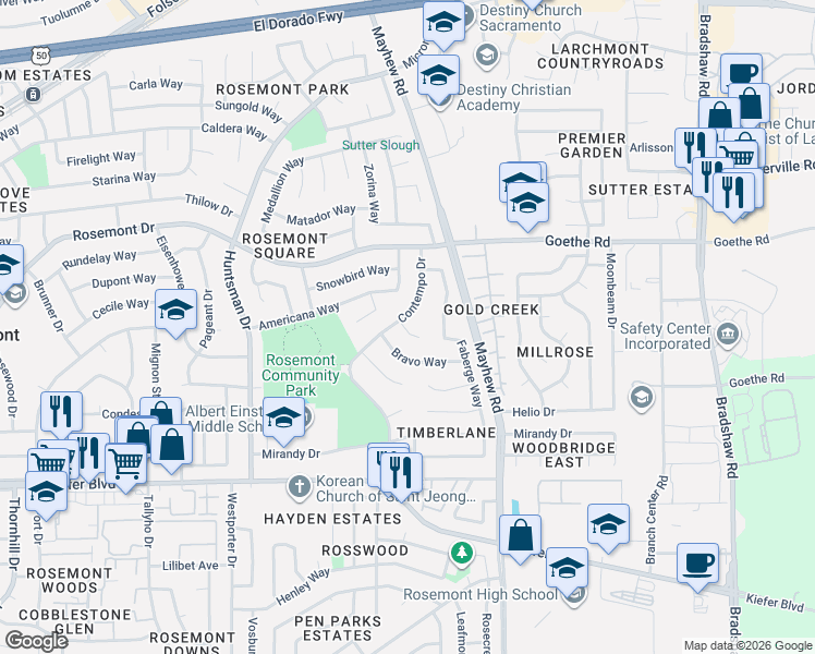 map of restaurants, bars, coffee shops, grocery stores, and more near 9408 Bravo Way in Sacramento