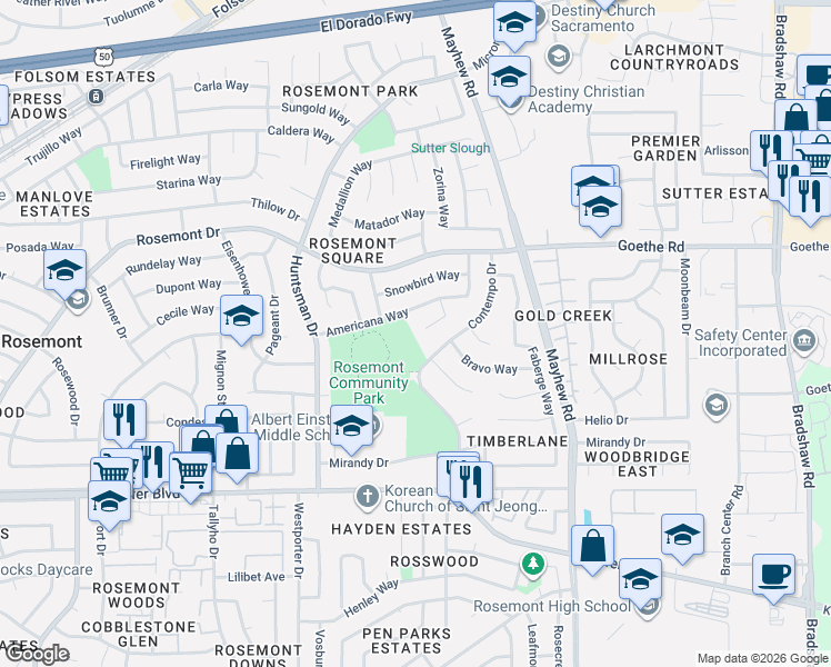 map of restaurants, bars, coffee shops, grocery stores, and more near 3616 Contempo Drive in Sacramento