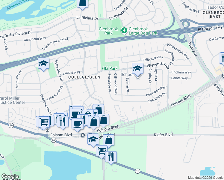 map of restaurants, bars, coffee shops, grocery stores, and more near 8566 Cliffwood Way in Sacramento