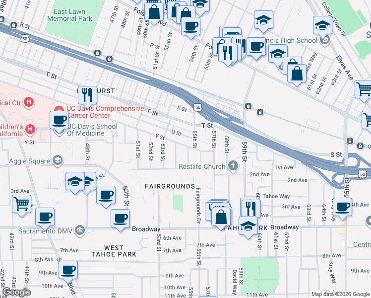 map of restaurants, bars, coffee shops, grocery stores, and more near 2508 55th Street in Sacramento