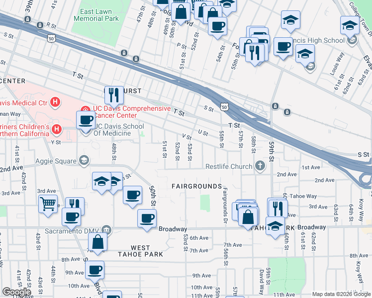 map of restaurants, bars, coffee shops, grocery stores, and more near 2555 52nd Street in Sacramento