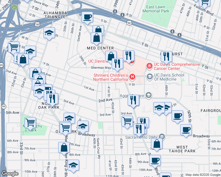 map of restaurants, bars, coffee shops, grocery stores, and more near 4155 2nd Avenue in Sacramento
