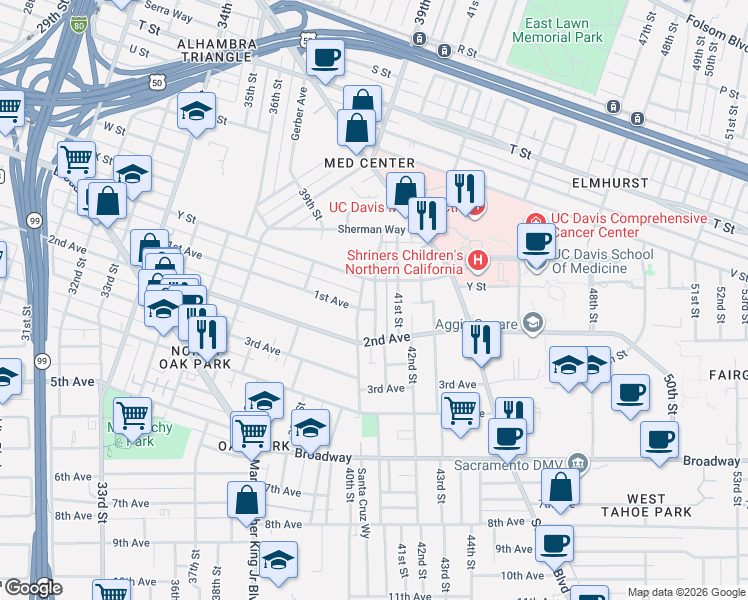 map of restaurants, bars, coffee shops, grocery stores, and more near 2609 San Jose Way in Sacramento