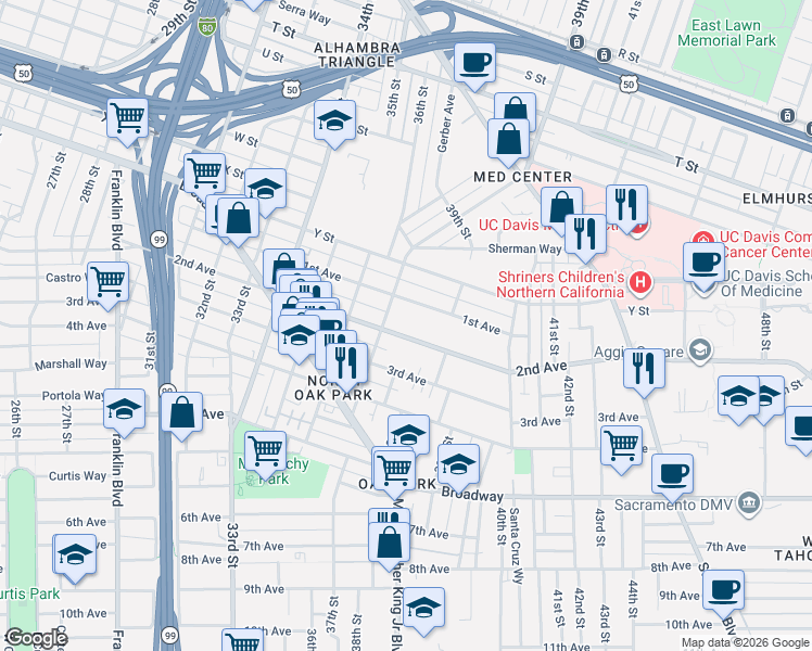 map of restaurants, bars, coffee shops, grocery stores, and more near 3754 2nd Avenue in Sacramento
