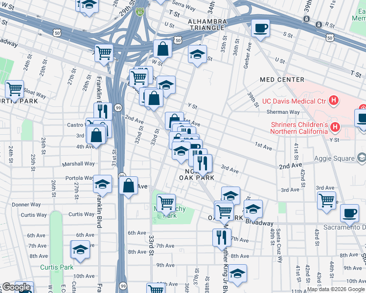 map of restaurants, bars, coffee shops, grocery stores, and more near in Sacramento