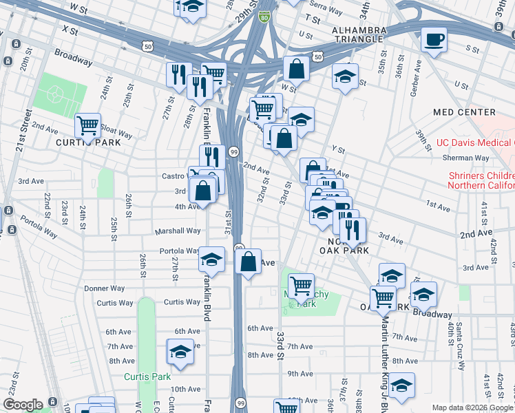 map of restaurants, bars, coffee shops, grocery stores, and more near 2910 32nd Street in Sacramento