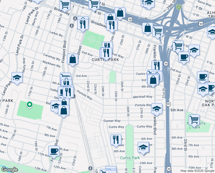 map of restaurants, bars, coffee shops, grocery stores, and more near 2927 24th Street in Sacramento