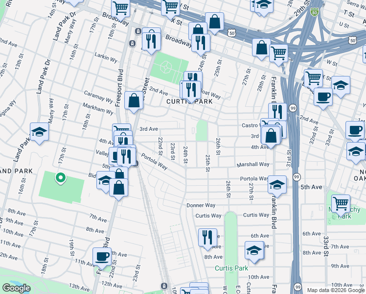 map of restaurants, bars, coffee shops, grocery stores, and more near 2927 24th Street in Sacramento