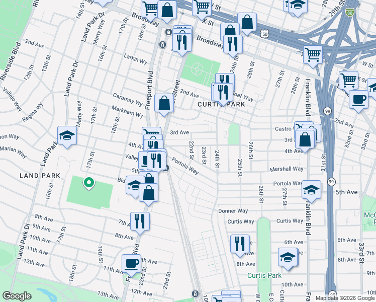 map of restaurants, bars, coffee shops, grocery stores, and more near in Sacramento