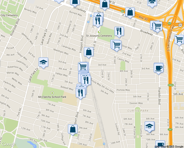 map of restaurants, bars, coffee shops, grocery stores, and more near 2100 Portola Way in Sacramento