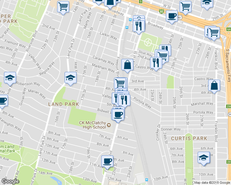map of restaurants, bars, coffee shops, grocery stores, and more near 2033 Vallejo Way in Sacramento