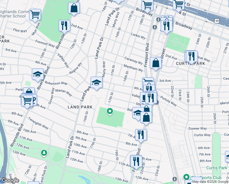 map of restaurants, bars, coffee shops, grocery stores, and more near 2991 17th Street in Sacramento