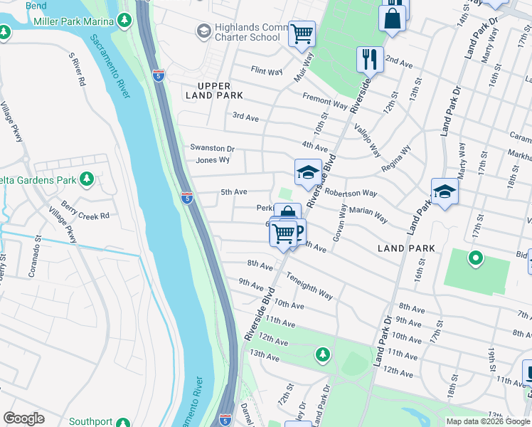 map of restaurants, bars, coffee shops, grocery stores, and more near 790 6th Avenue in Sacramento