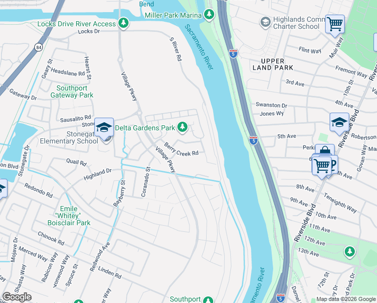 map of restaurants, bars, coffee shops, grocery stores, and more near 1287 Berry Creek Road in West Sacramento