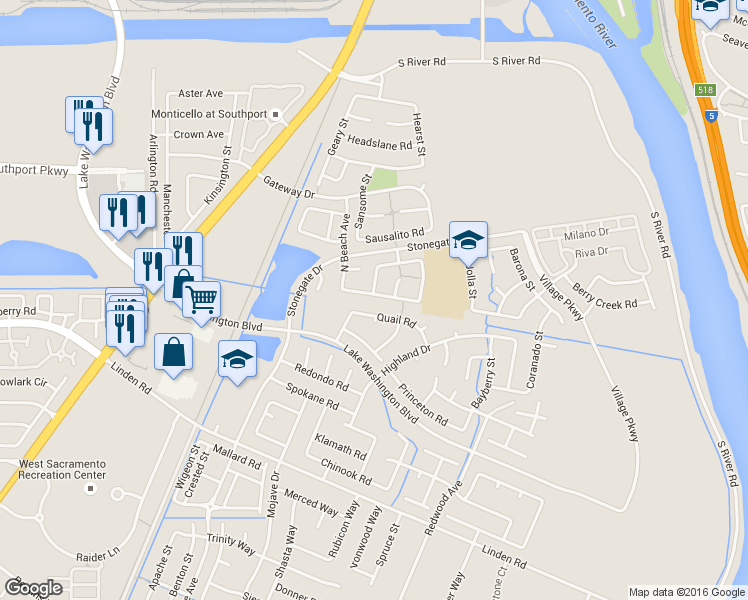 map of restaurants, bars, coffee shops, grocery stores, and more near 1757 Quail Road in West Sacramento