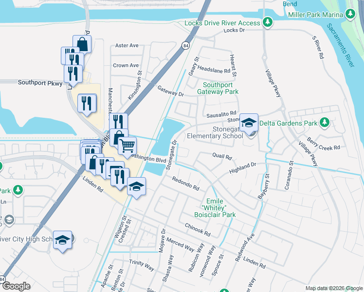 map of restaurants, bars, coffee shops, grocery stores, and more near 1769 Stetson Circle in West Sacramento