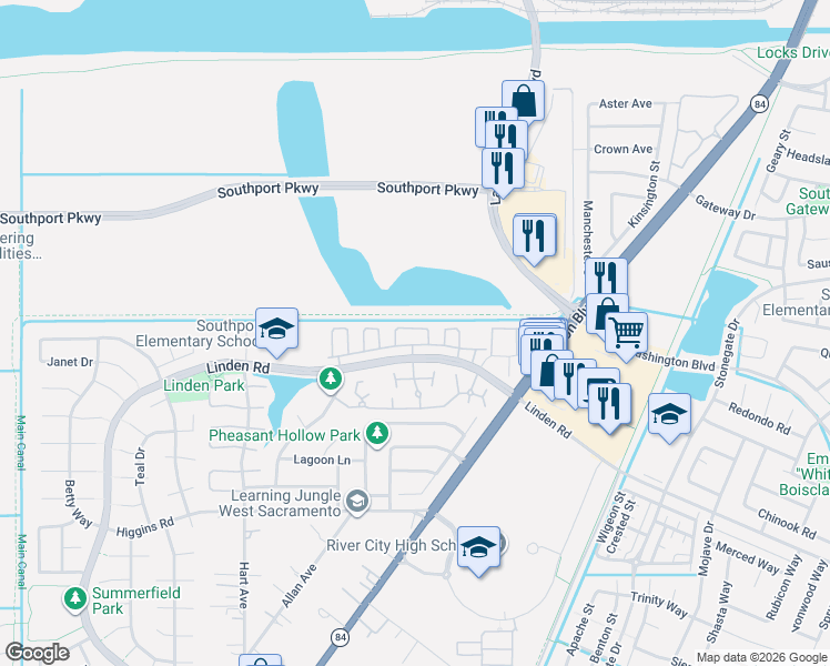 map of restaurants, bars, coffee shops, grocery stores, and more near 2377 Coffeeberry Road in West Sacramento