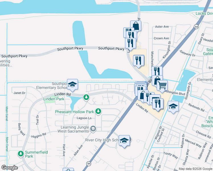 map of restaurants, bars, coffee shops, grocery stores, and more near 2377 Coffeeberry Road in West Sacramento