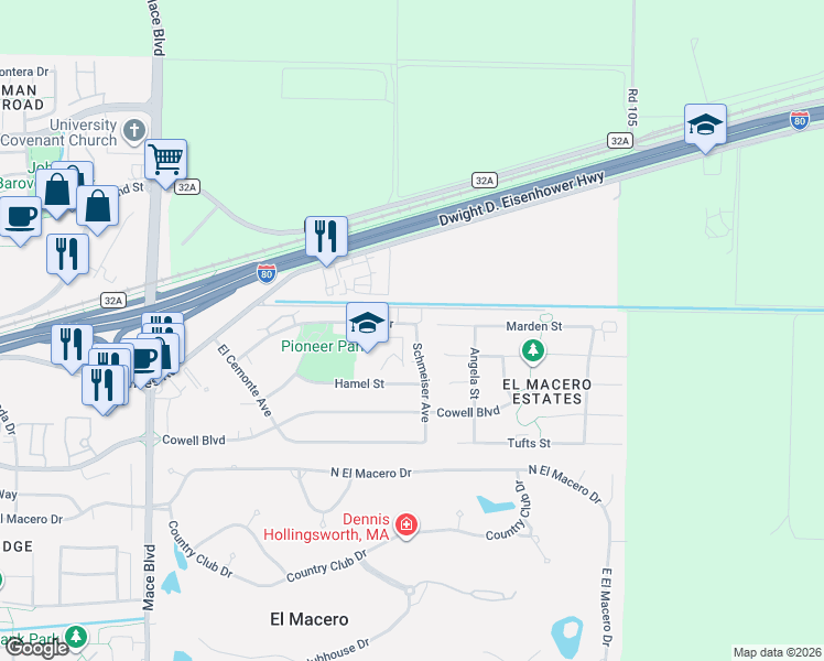 map of restaurants, bars, coffee shops, grocery stores, and more near 5215 Hamel Street in Davis