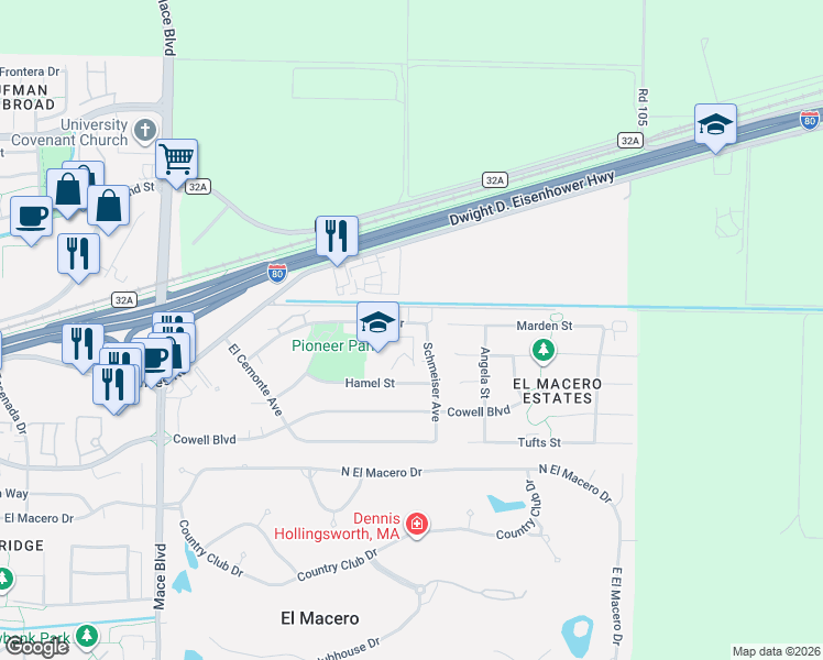 map of restaurants, bars, coffee shops, grocery stores, and more near 5215 Hamel Street in Davis