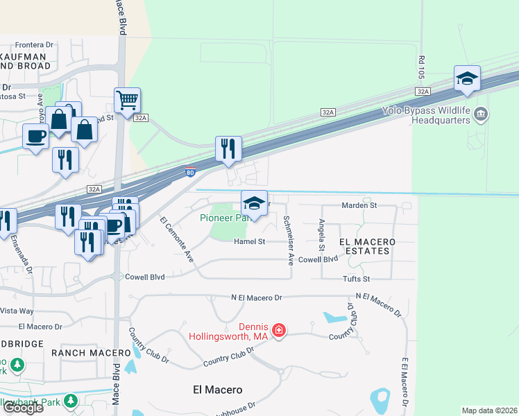 map of restaurants, bars, coffee shops, grocery stores, and more near 5215 Hamel Street in Davis