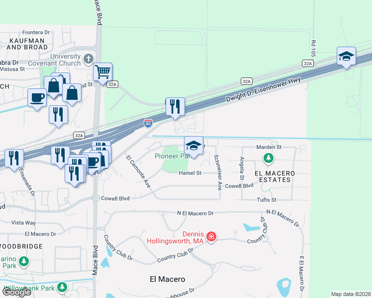 map of restaurants, bars, coffee shops, grocery stores, and more near 5215 Hamel Street in Davis