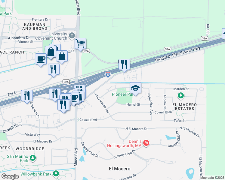 map of restaurants, bars, coffee shops, grocery stores, and more near 5050 Glide Drive in Davis