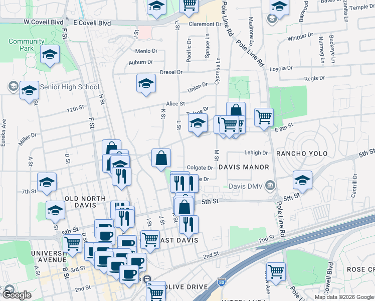 map of restaurants, bars, coffee shops, grocery stores, and more near 718 L Street in Davis
