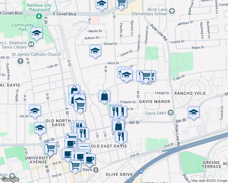 map of restaurants, bars, coffee shops, grocery stores, and more near 1206 Covell Place in Davis