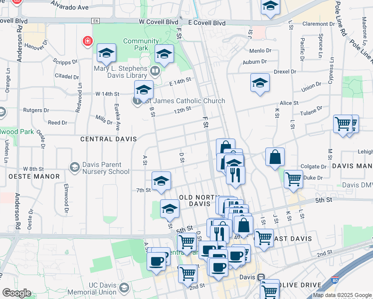 map of restaurants, bars, coffee shops, grocery stores, and more near 822 D Street in Davis