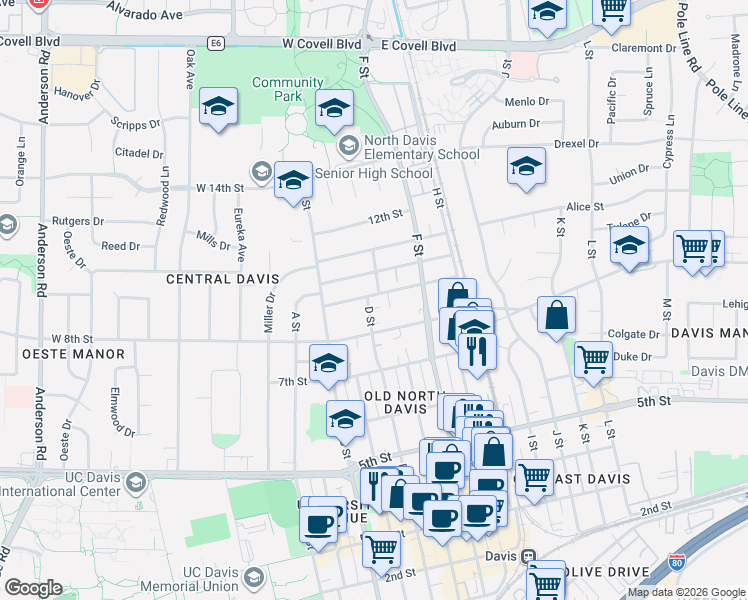 map of restaurants, bars, coffee shops, grocery stores, and more near 822 D Street in Davis