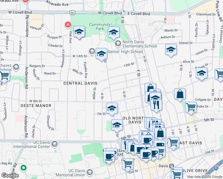 map of restaurants, bars, coffee shops, grocery stores, and more near in Davis