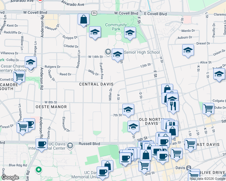 map of restaurants, bars, coffee shops, grocery stores, and more near 827 Miller Drive in Davis