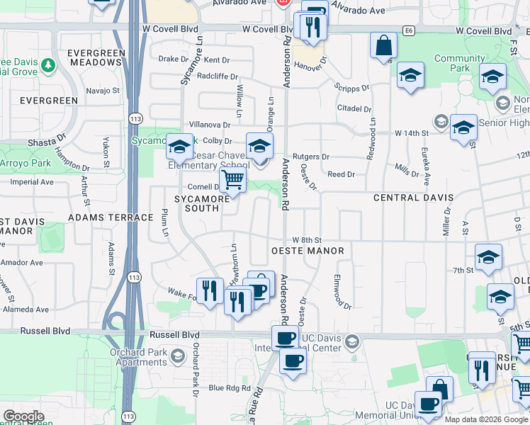 map of restaurants, bars, coffee shops, grocery stores, and more near 810 Linden Lane in Davis