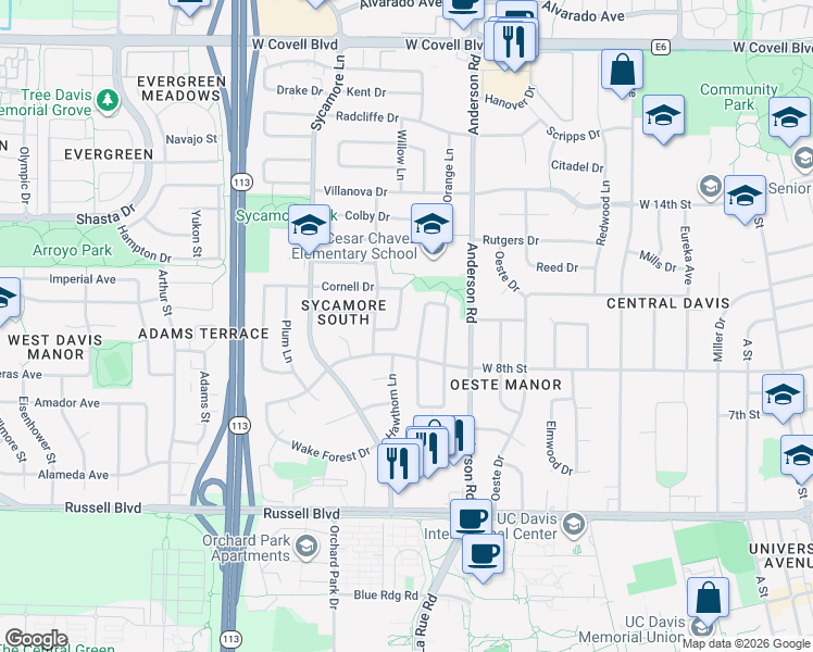 map of restaurants, bars, coffee shops, grocery stores, and more near 886 Linden Lane in Davis