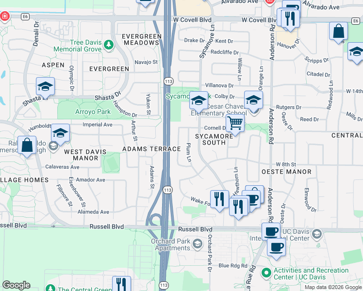 map of restaurants, bars, coffee shops, grocery stores, and more near 915 Acacia Lane in Davis