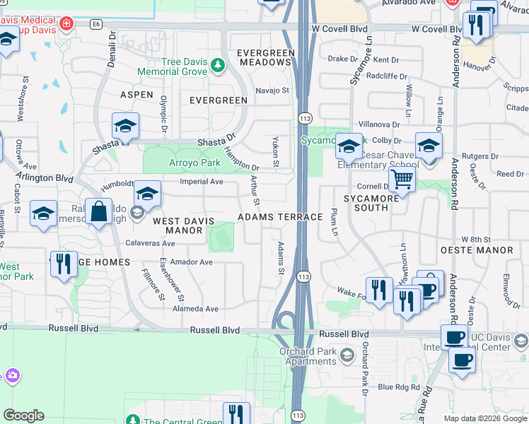 map of restaurants, bars, coffee shops, grocery stores, and more near 877 Adams Street in Davis