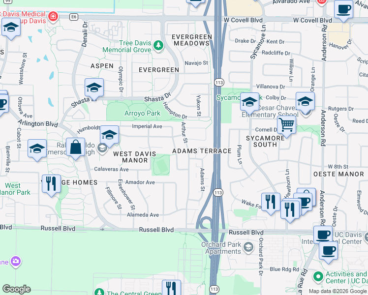 map of restaurants, bars, coffee shops, grocery stores, and more near 905 Burr Street in Davis
