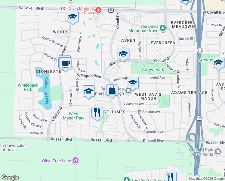 map of restaurants, bars, coffee shops, grocery stores, and more near 27 Grambling Court in Davis