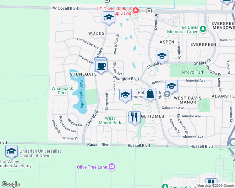 map of restaurants, bars, coffee shops, grocery stores, and more near 2763 Eel Place in Davis