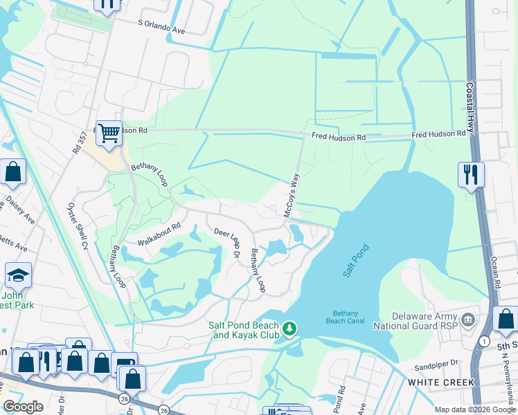 map of restaurants, bars, coffee shops, grocery stores, and more near 615 Bethany Loop in Bethany Beach