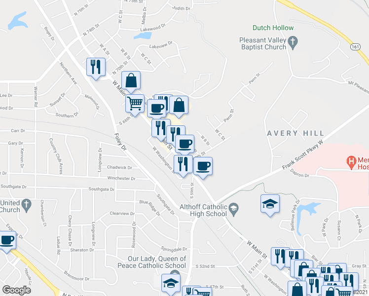 map of restaurants, bars, coffee shops, grocery stores, and more near 17 North 60th Street in Belleville
